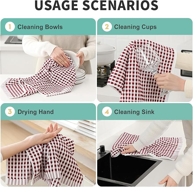 SALAS Cotton Dish Towels Cloths for Kitchen Drying Dishes, Lattice Terry Kitchen Towels, Absorbent Cloths with Hanging Loop, 16‘’ x 26‘’, 4 Packs, Wine Red and White