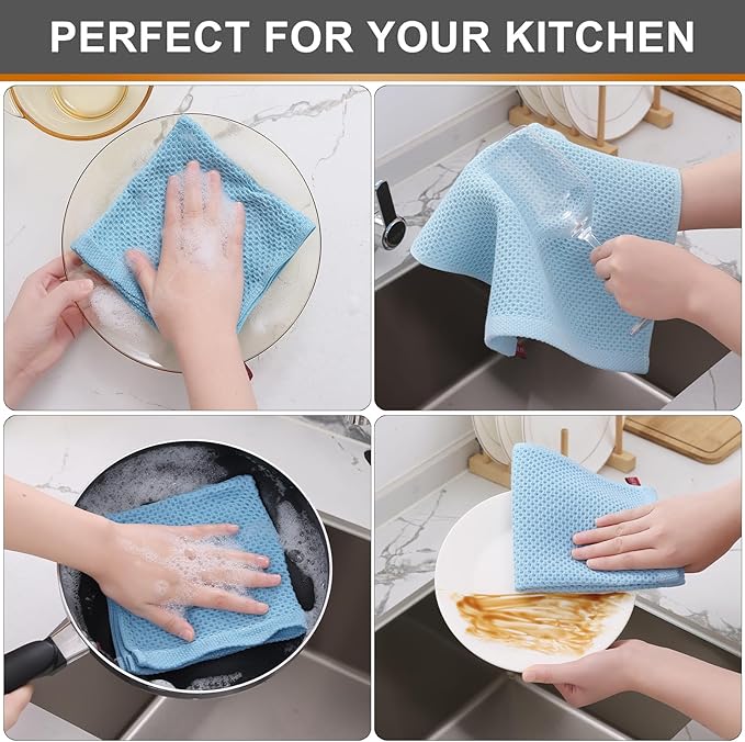 Kitinjoy 100% Cotton Kitchen Dish Cloths (12 X 12 Inches, Sky Blue), 6 Pack Waffle Weave Ultra Soft Absorbent Dish Towels for Drying Dishes Quick Drying Kitchen Towels Dish Rags