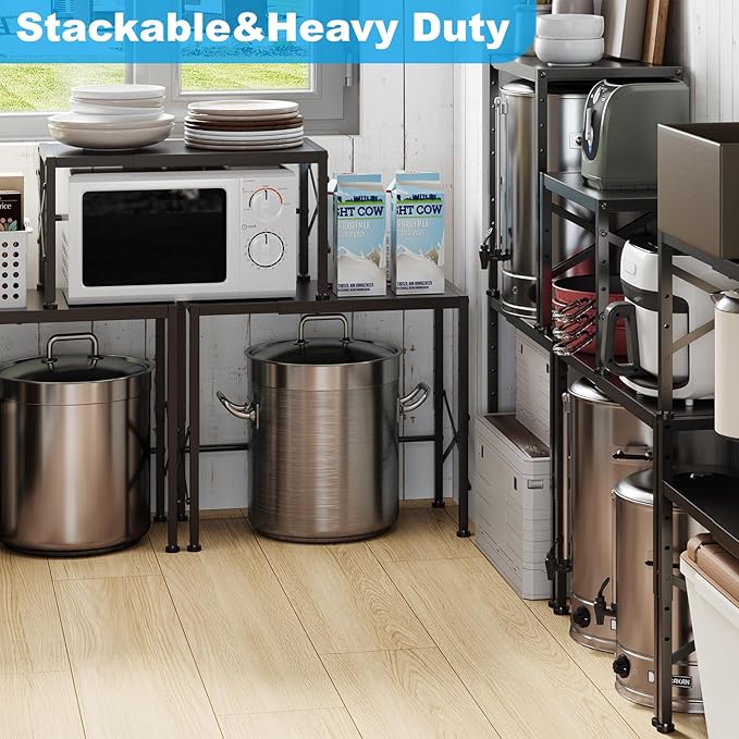 Expandable Pantry Shelves, 17-28 Inch Adjustable Kitchen Storage Shelf Organizer, 6-Level Height Heavy Duty Metal Shelving Unit 110LBS Capacity, for Cabinet Countertop Spice Rack, Black