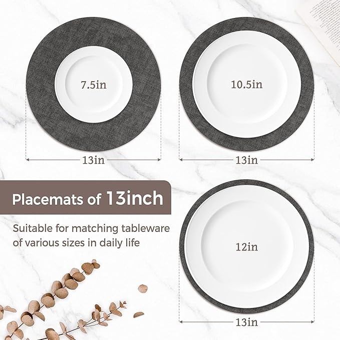 13"Round Placemats Set of 8, Reversible Faux Leather Heat Resistant Table Mats, 100% Waterproof Oilproof Wipeable Table Protective Placemats for Vinyl, Washable for Indoor & Outdoor Use (8, Deep Gray)