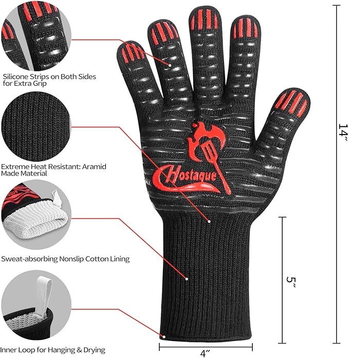 Grilling Gloves 1472℉ Extreme Heat Resistant, Grill BBQ Gloves for Men, Silicone Non-Slip Kitchen Oven Mitts, Hot Cooking Oven Gloves for Grilling, Frying, Baking, Welding, Fireplace, 14 Inch