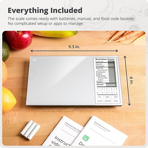 Greater Goods Food Scale with Nutrition Calculator, Non Connected Calorie Scale for Meal Prep, Weight Loss, 2000 Pre-Loaded Food Codes, Compact Kitchen Scale, Battery Operated, 11lb Capacity, Silver