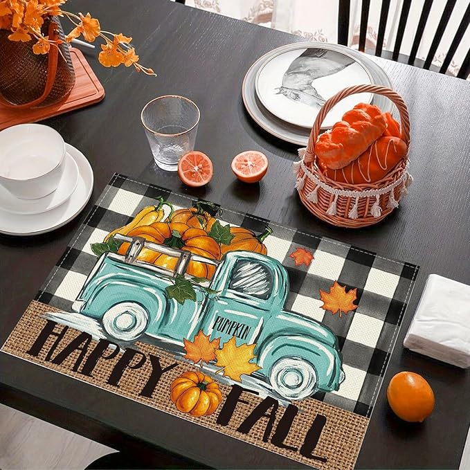 Niviy Buffalo Plaid Check Pumpkins Truck Fall Placemats Set of 6, 12x18 Inch Autumn Thanksgiving Table Mats for Holiday Party Kitchen Dining Room Decoration