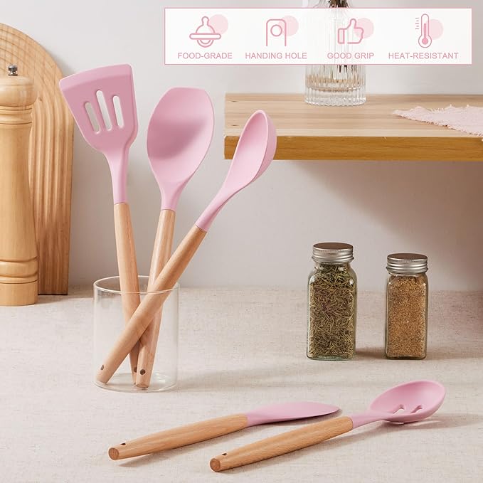 E-far Silicone Cooking Utensils Set, 5-Piece Kitchen Utensils Set with Wooden Handle for Cooking, Silicone Kitchen Nonstick Tools Spatula Turner Slotted Spoons, Nontoxic & Heat Resistant-Pink