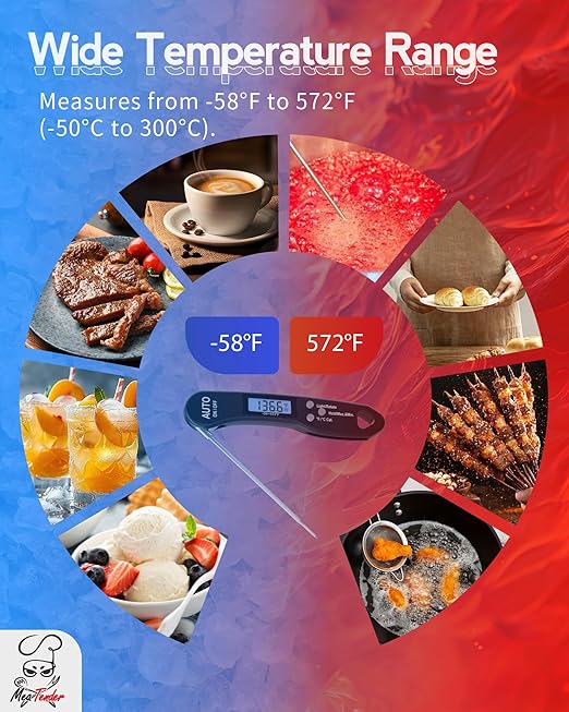 Instant Read Meat Thermometer, 1.2s Fast Read, ±1°F Accuracy, -58°F to 572°F, 4.4" Foldable Probe, 0 °C Calibration, Min/Max (Session), Auto-Rotating Backlit Display, °F/°C, Magnetic Back, Auto-Off