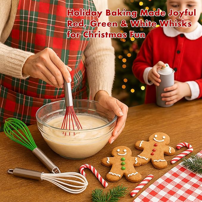 OYV Christmas Whisk Set – 3 Sizes (12”, 10”, 8”) – Holiday Red, Green & White Stainless Steel Whisks for Baking, Cooking & Mixing, Christmas Gift for Bakers & Home Chefs
