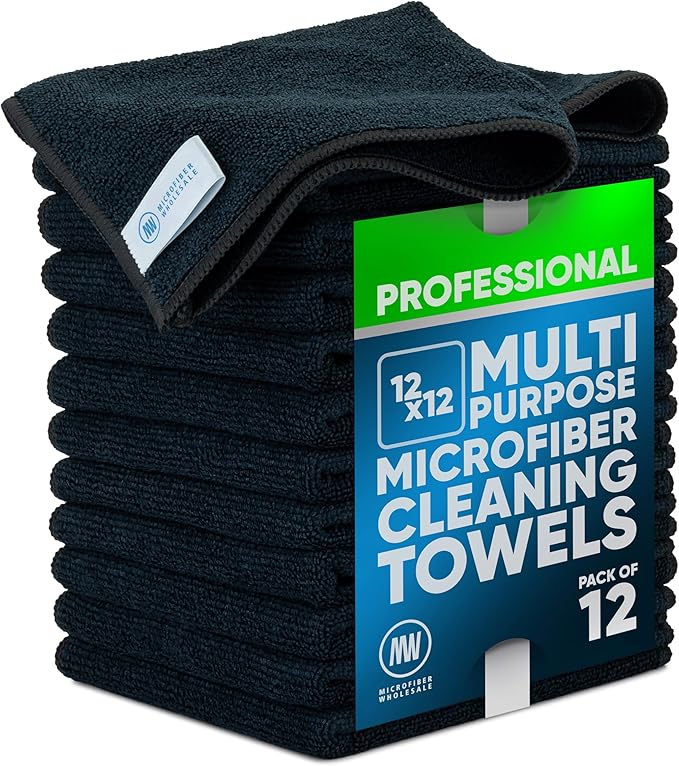 MW PRO Microfiber Cleaning Cloths Black (12 Pack, 12x12) - Commercial Janitorial Towels & Lint Free Rags - Heavy Duty for Auto Detailing, Glass Windows, Housekeeping & Screens - Washable 300+ Times