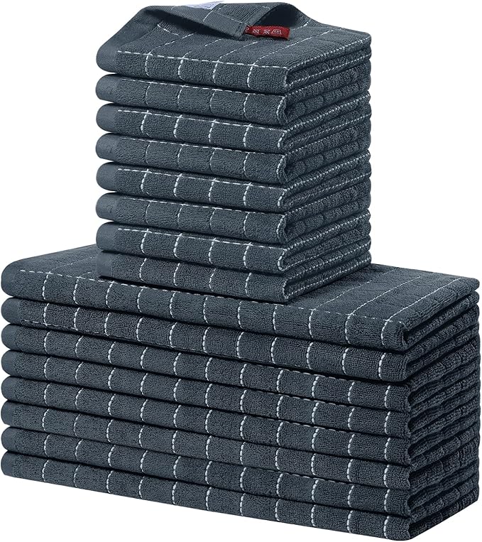 Homaxy Kitchen Towels and Dishcloths Set, 12 x 12 and 13 x 28 Inches, Set of 16 Bulk Cotton Terry Kitchen Towels Set, Checkered Designed, Soft and Super Absorbent Dish Cloths, Dark Grey