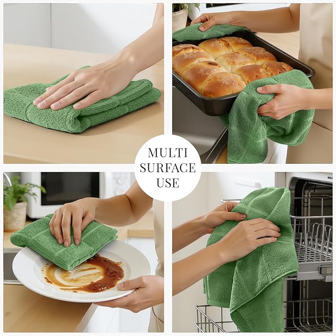 Homaxy Premium Kitchen Towels 18"x28", 8 Pack Large Cotton 380 GSM Dish Towels, Soft and Absorbent Kitchen Hand Towels with Terry Grid Design, Utility Tea Towel Set with Hanging Loop, Grass Green