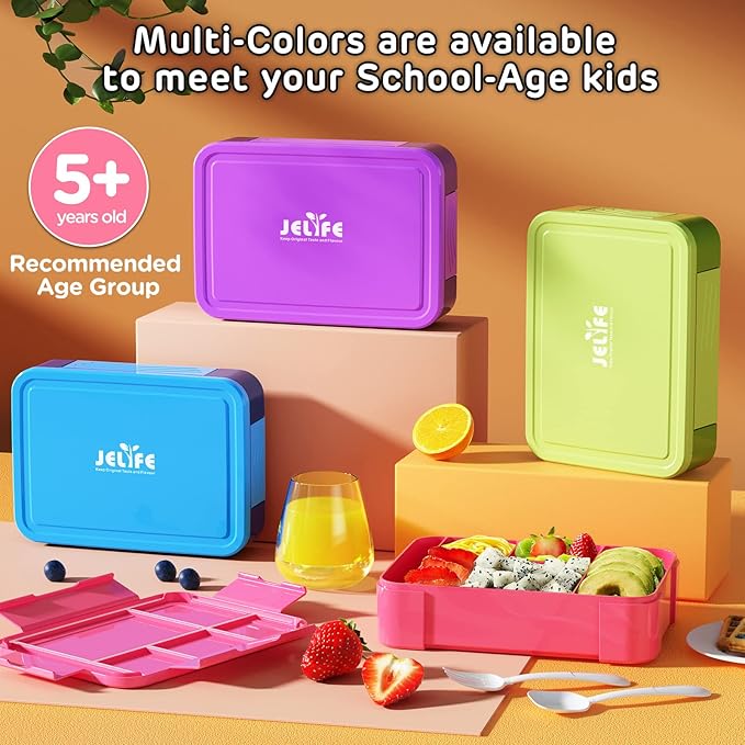 Jelife Kids Bento Box Lunch Box - 1450ml Leakproof 6 Compartments Bento Lunchbox Kids Lunch Boxes with Food Utensils for Back to School, Book-Style Lunch Snack Containers for Toddler Daycare, Pink