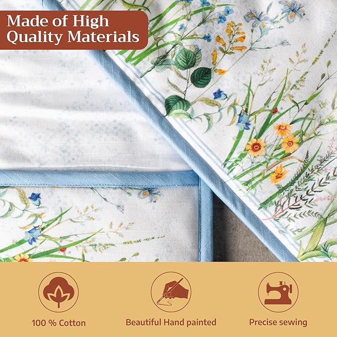 Maison d' Hermine Double Oven Mitts 100% Cotton 7"x35" Double Oven Mitt Heat Resistant BBQ Cooking Gloves with Loop Baking Grilling Gifts for Mothers Day Spring Summer (Fleurs De Mai)