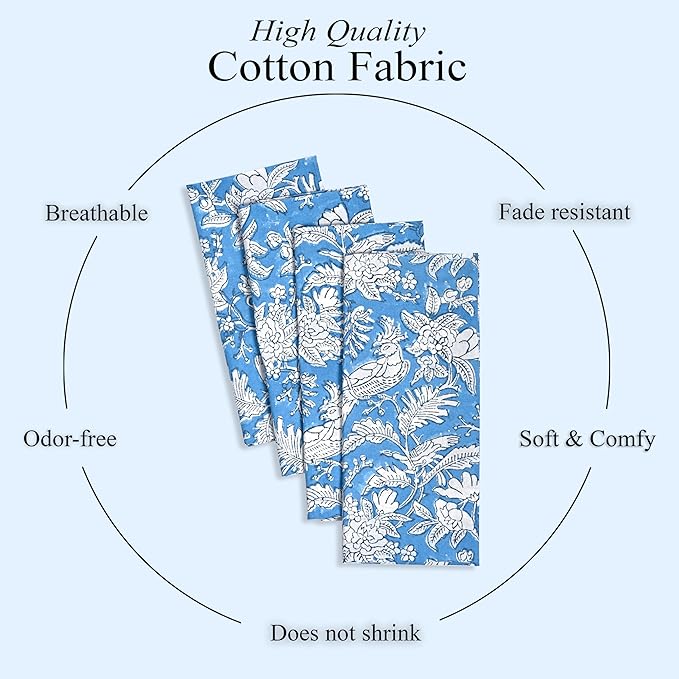 CPC Cloth Napkins Set of 4 Cotton Printed Dinner Block Print Napkins I Wedding Cocktail Cloth Floral Napkins I 18x18 in I Blue Sapphire