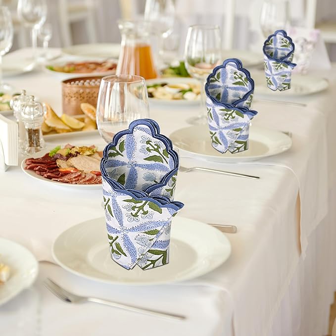 Ridhi Hand Block Print Light Steel Blue 18" x 18" (Set of 4) Embroidery Table Napkins Reusable Cotton Dinner Napkins for Weddings, Parties, Everyday Dining Gift for Spring, Easter, Valentine