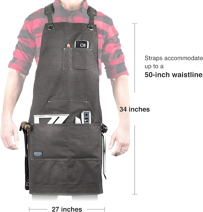 Hudson Durable Goods Deluxe Edition Waxed Canvas Tool Apron for Men and Women, Heavy Duty Work Apron with Pockets for Tools, Adjustable Crossback Straps - Grey