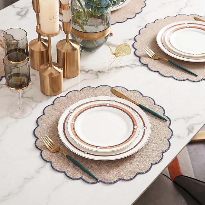 Set of 12 Blue Beige Cotton Placemats 15 Inch Round Scalloped Embroidery Placemats Washable Double Layered Rustic Table Mat Fabric Napkins for Wedding Table Decor
