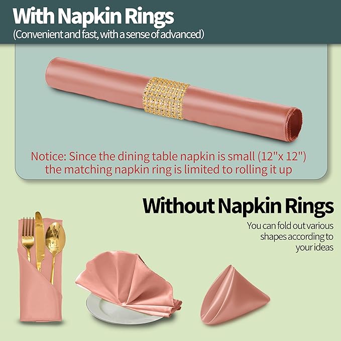 100 Pack Rose Gold Satin Napkins and Napkin Rings Set, 12 x 12 Inch Silky Soft Cloth Napkins Set of 50, Square Satin Dinner Table Napkins Bulk for Wedding Banquet Graduation Party Decoration
