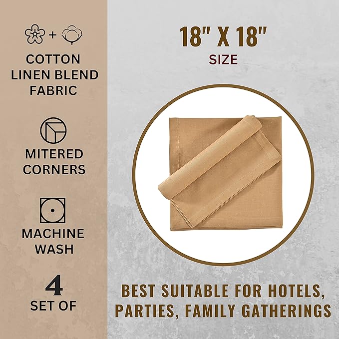 Cloth Napkins Dinner Washable Set of 4 in Cotton Linen Fabric Premium Quality, Mitered Corners for Reusable Every Day Use Pre Shrunk and Good Absorbency Christmas Napkins (Pack of 4, Khaki Beige)