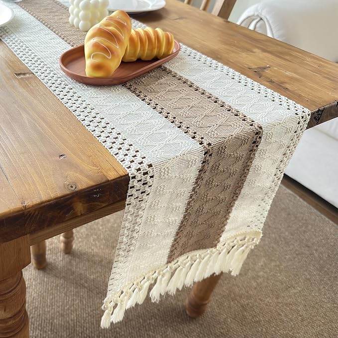 Boho Table Runner for Home Decor with Tassels 90 Inches Long, Farmhouse Rustic Cream & Brown Table Runners for Kitchen Holiday Party and Wedding Decor Runner (12x90in, Fringe Included)