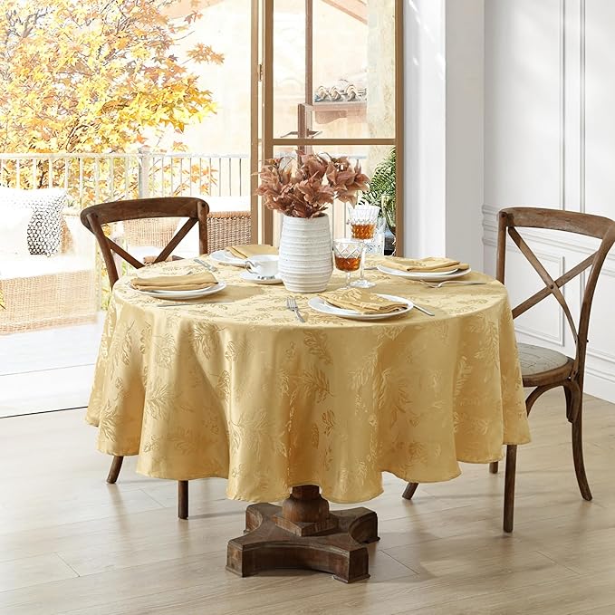 Elrene Home Fashions Elegant Woven Leaves Jacquard Damask Wrinkle Resistant Tablecloth, 70" x 70", Round, Gold