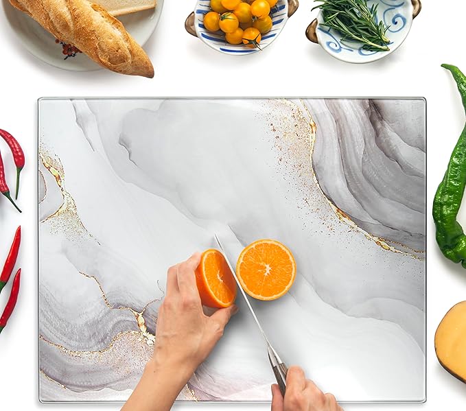 Kitchenville Glass Cutting Board 20”x16”: Tempered Glass Kitchen Counter Protector - Durable- Scratch-Resistant, Heat-Proof - Design 7 - White & Gold