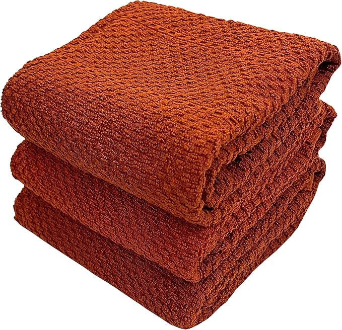 Maroon Rust Cinnamon Kitchen Hand Dish Towels: Oversized 28" x 18",100% Cotton Cloth Soft Cleaning Drying Absorbent Textured Design, Set of 3 Multipurpose for Everyday Use (Cinnamon Textured)