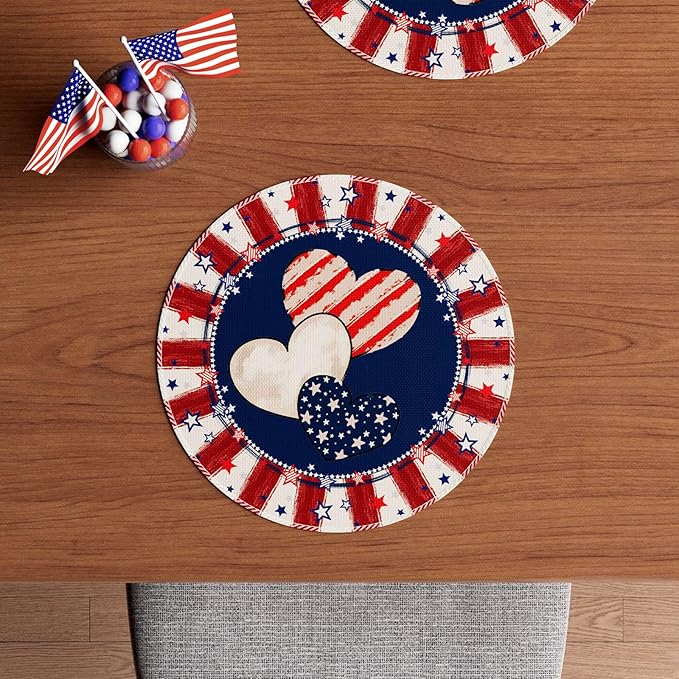 Heart Stripe Stars 4th of July Round Placemats Set of 4 14x14 Inch Patriotic America Memorial Day Independence Day Table Decorations Cloth Table Mats