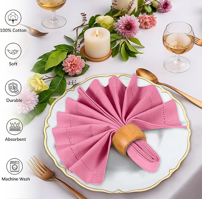 Ruvanti Cloth Napkins Set of 12, 100% Cotton High GSM 18x18 Inches, Hem Stitched Corners, Soft, Washable, Highly Durable & Absorbent, Perfect for Parties, Christmas, Thanksgiving Dinners – Pink