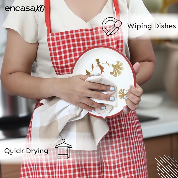 Encasa XO Cotton Kitchen Towel Set | Hand and Tea Cloth for Cleaning & Quick Drying, X-Large 28"x18" (Pack of 4) Highly Absorbent - Buffalo Beige Checks
