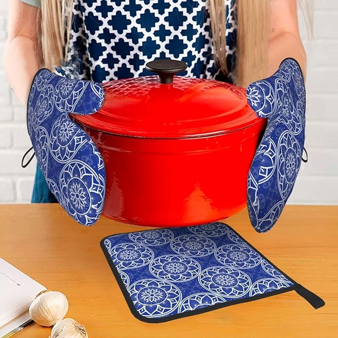 Chinoiserie Blue and White Floral Oven Mitts and Pot Holders Sets of 3, Heat Resistant Non-Slip Boho Kitchen Gloves for Baking Cooking Grilling, Navy Blue Hot Pads for Kitchen Decor, Gifts for Women
