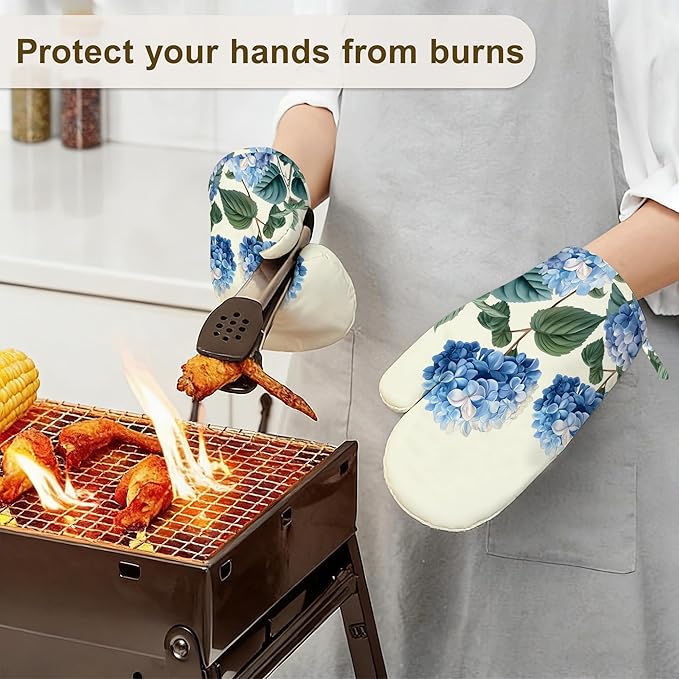 Blue Hydrangea Flower Spring Oven Mitts and Pot Holders Set of 4,Heat Resistant Non Slip Kitchen Gloves Hot Pads,Chef Cooking Baking Gifts for Women Bakers,Kitchen Cooking Lover Cooks