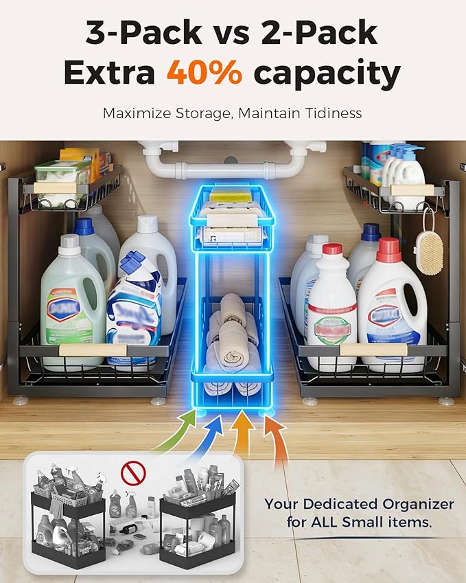 Sevenblue 3 Pack Under Sink Organizer, Height Adjustable 2 Tier Pull-Out Metal Under Kitchen Sink Organizer, Multi-Purpose Storage Shelves for Kitchen Bathroom Cabinet (Black)