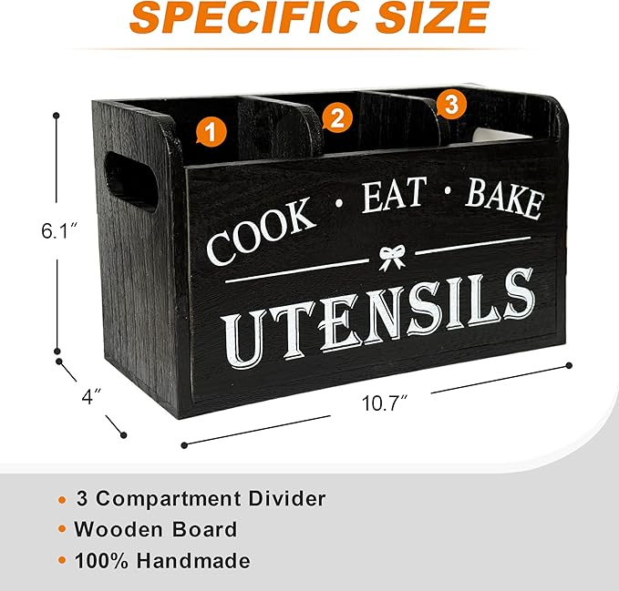 Wooden Kitchen Utensil Holder with 3 Compartments, Utensil Storage Organizer for Kitchen Counter, Farmhouse Decor & Rustic Cooking Tools Storage(Black)