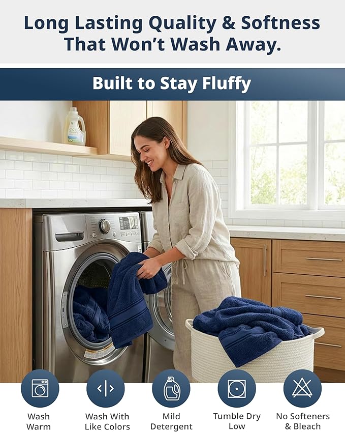 LANE LINEN 100% Mercerized Cotton Bath Towel Set of 18 – Zero Twist Shower Towels, 6 Bath, 6 Hand Towel & 6 Washcloths, Quick-Dry, Luxuriously Soft & Durable, Perfect for Everyday use – Navy