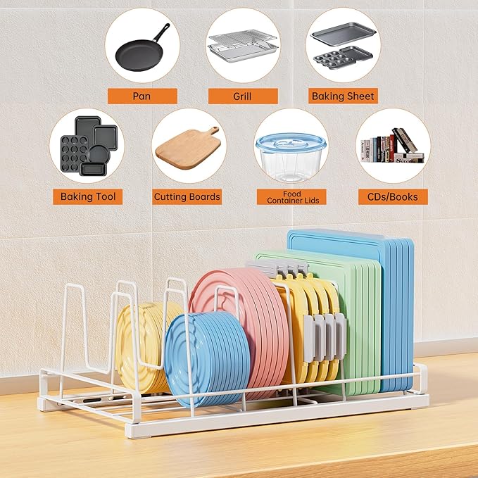 Food Container Lid Organizer, 6 Removable Adjustable Dividers Metal Rack - Storage for Plastic Lids, Pots, Bakeware, Fit for Cabinets, Cupboards, Pantry, Drawers (White)