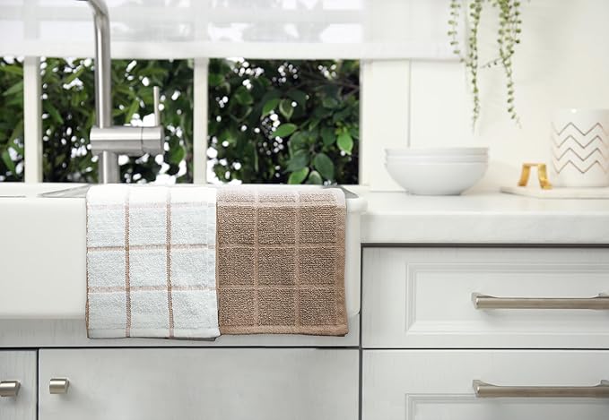 100% Cotton Terry Dish Cloth & Dish Towel, 8 Pack, Super Soft and Absorbent Kitchen Towels, Perfect for Kitchen Cleaning and Dish Washing (TAN (Solid and Checks) 8 Pack)