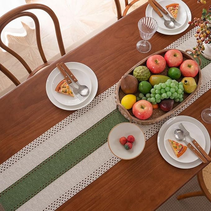 Niviy Dark Green Table Runner 72 Inches Long with Tassels, Seasonal Spring Summer Washable Embroidered Striped Braided Boho Table Runners for Holiday Party 12 x 72 Inches
