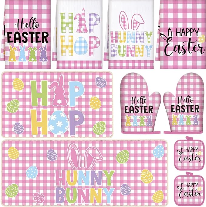 VitalCozy 10 Pcs Happy Easter Kitchen Decor Set Bunny Kitchen Towels and Rugs Oven Mitts and Pot Holders Home Decor Accessories Sets for Easter Chef Baking Cooking Grilling BBQ Gift