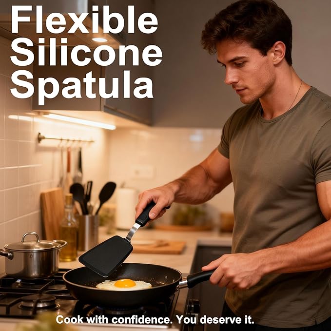 3 Piece Silicone Spatula Turner Set, 600°F Heat-Resistant Nonstick Kitchen Cooking Utensils Set for Egg,Pancake,Burger - Thin Stainless Steel with Silicone, Dishwasher Safe,Black