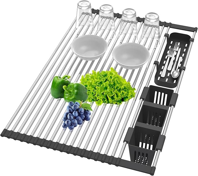 Extra Large Black Expandable Roll Up Dish Drying Rack Up to 25.1''with 2 Storage Baskets,Over The Sink Kitchen Rolling up Dishes Drainer, Foldable,Rollable