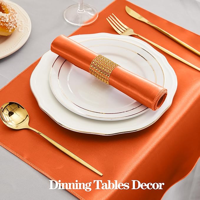 RUDONG M 100 Pcs Orange Satin Napkins and Napkin Rings Set, 17 x 17 Inch Square Cloth Napkins Set of 50, Silky Soft Table Napkins Bulk for Weddings, Banquet, Parties Dinner Decoration