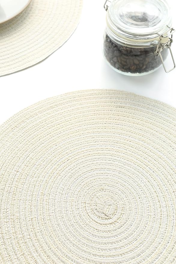 Floroom 15 Inch Round Braided Placemats Set of 4, Washable Heat Resistant Cotton Polyester Circle Place Mats for Kitchen Dining Table - Ivory Cream