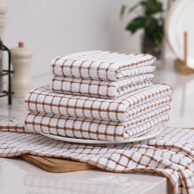 Homaxy Kitchen Towels and Dishcloths Set, 16 x 25 and 12 x 12 Inches, Set of 8 Cotton Terry Kitchen Dish Towels, Super Soft and Absorbent Dish Cloths, Brown