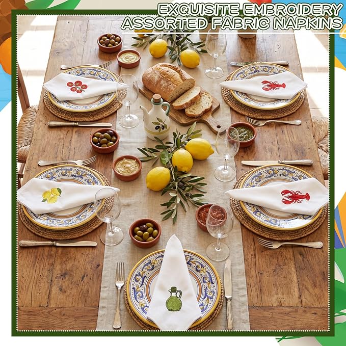 HunnmingRe That's Amore Bridal Shower Italian Summer Cloth Napkins Supplies 17x17 Inch 100% Cotton Soft Embroidered Table Dinner Napkin for Holiday Weddings Daily Parties