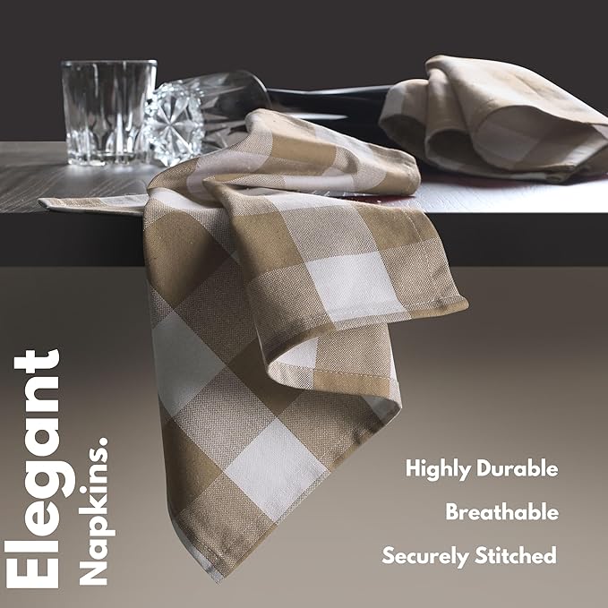 Native Fab Buffalo Plaid Check Cloth Dinner Napkins - Set of 4-100% Cotton 16x16 inches Soft, Absorbent, Hotel Quality - Easy Care, Washable, All Events, Everyday Use - Beige White
