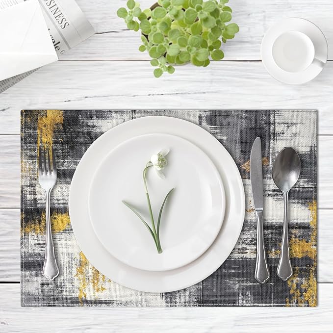 Emvency Farmhouse Placemats Set of 4, Abstract White Black Gold Vintage Art Painting 12x18 Inch Table Mats for Outdoor Home Party Kitchen Dining Decoration