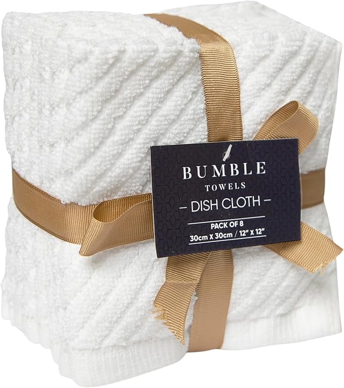 Bumble Towels Premium Kitchen Dish Cloths (12" x 12") | 8 Pack | Diagonal Deluxe Dish Cloth | High Absorbent Tea Towels Set | White