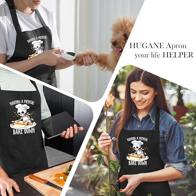 Funny Skeleton Baker Baking Apron with Pockets, Baking Lovers Bread Baker Gifts, Having a Mental Bake Down Waterproof Adjustable Cooking Apron for Kitchen Dishwashing Grilling