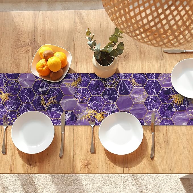 Marble Table Runner 72 Inches Long, Purple Gold Marble Texture Table Runner Dresser Scarves, Abstract Art Burlap Dining Room Table Decor for Kitchen Farmhouse Indoor Outdoor Home Party