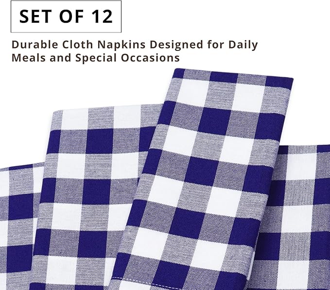 PurpleEssences Buffalo Plaid Cloth Napkins - Mitered Corners - Spring Easter Summer - Gingham Check Dinner Napkin - Set of 12-100% Cotton - 18x18 Inch - Reusable Washable - Blue and White