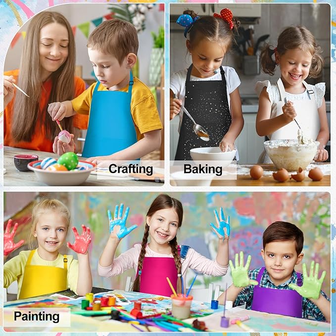PLULON 8 Pcs Kids Aprons with 2 Pockets Painting Aprons for Kids Aprons Bulk, Paint Apron Adjustable Children Chef Aprons for Girls Boys Painting Baking Cooking Crafting - 8 Colors